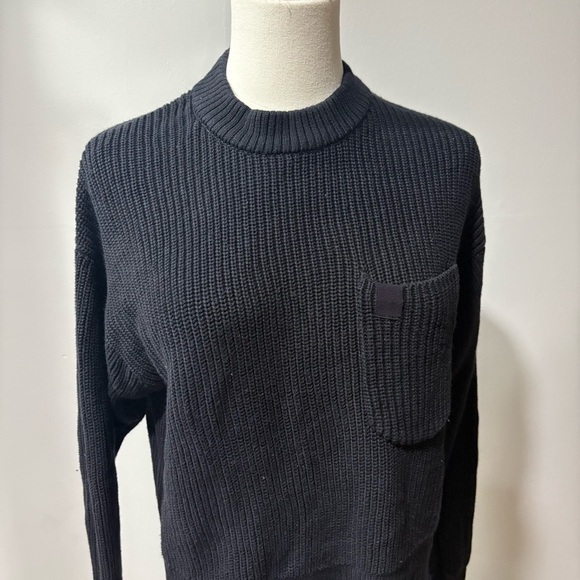 FLX Women’s Black Crewneck Ribbed Sweater Patch Pocket Sz M Classic Grunge - Picture 4 of 11